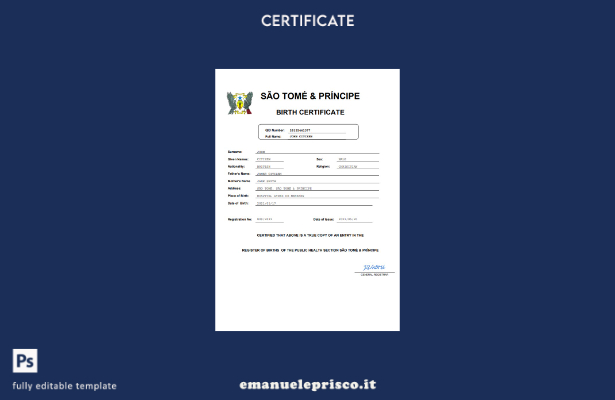 stile verificato Certificato di nascita dello stato di stato di Sao Tomé e Princ